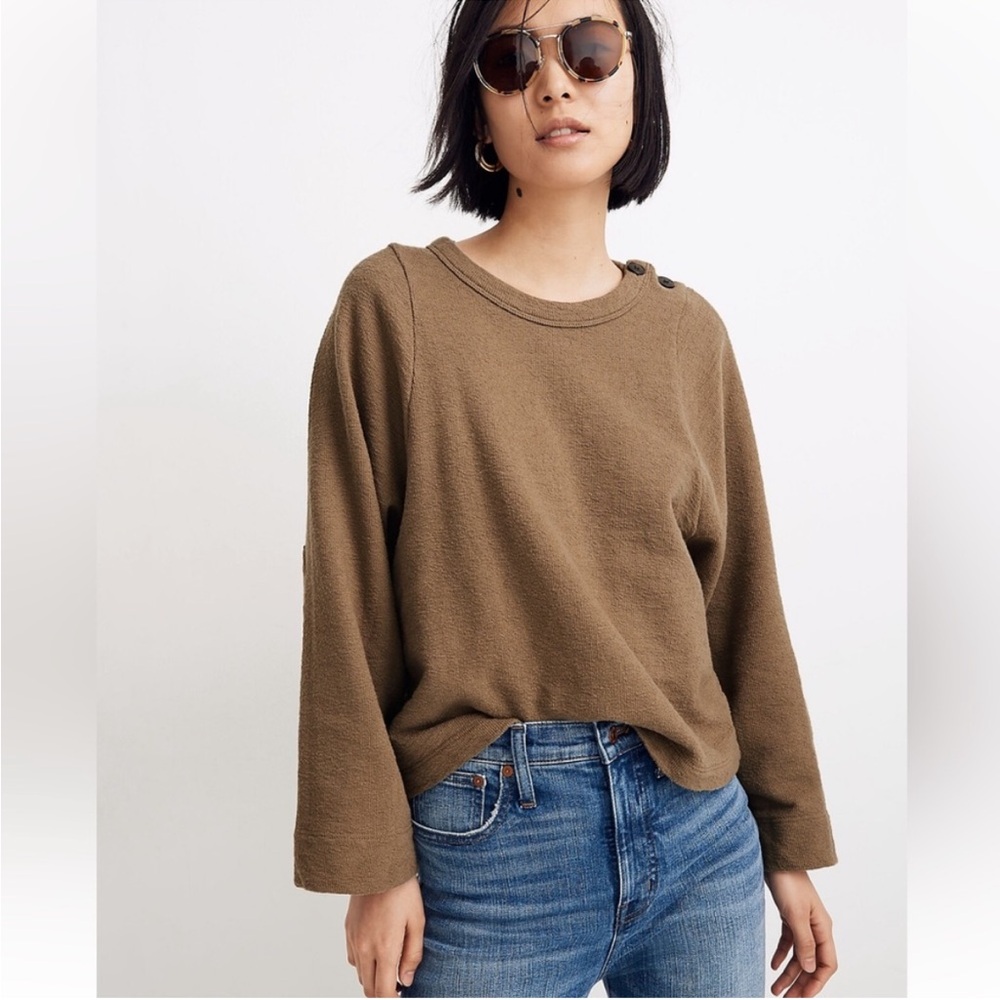 Madewell Shoulder-Button Elbow-Patch Olive/Tan/Brown Top Size XXS